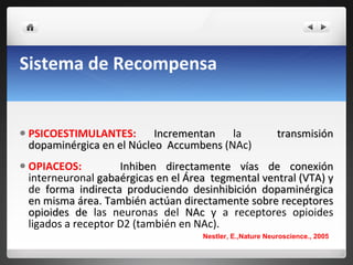 Sistema de Recompensa PSICOESTIMULANTES:  Incrementan  la  transmisión dopaminérgica en el Núcleo  Accumbens  (NAc) OPIACEOS:  Inhiben directamente   vías de conexión  interneuronal  gabaérgicas en el Área  tegmental ventral (VTA)   y  de  forma indirecta produciendo desinhibición dopaminérgica en misma área.   También actúan directamente sobre receptores opioides de  las neuronas del  NAc  y a receptores opioides ligados a receptor D2 (también en NAc).  Nestler, E.,Nature Neuroscience., 2005 