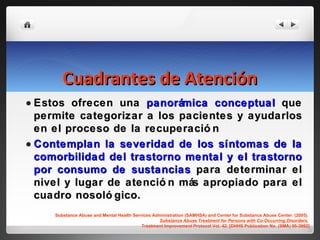 Cuadrantes de Atención Estos ofrecen una  panorámica conceptual  que permite categorizar a los pacientes y ayudarlos en el proceso de la recuperación Contemplan la severidad de los síntomas de la comorbilidad del trastorno mental y el trastorno por consumo de sustancias  para determinar el nivel y lugar de atención más apropiado para el cuadro nosológico. Substance Abuse and Mental Health Services Administration (SAMHSA) and Center for Substance Abuse Center. (2005).  Substance Abuse Treatment for Persons with Co-Occurring Disorders.   Treatment Improvement Protocol Vol. 42. [DHHS Publication No. (SMA) 05-3992] 