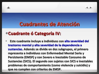 Cuadrantes de Atención Cuadrante ó Categoría IV: Este cuadrante incluye a individuos con  alta severidad del trastorno mental y alta severidad de la dependencia a sustancias.  Además se divide en dos subgrupos, el primero representa a individuos con Enfermedad Mental Seria y Persistente (EMSP) y con Severo e Inestable Consumo de Sustancias (SICS). El segundo son sujetos con SICS e inestables problemas de comportamiento (como violencia y suicidio) y que no cumplen con criterios de EMSP.   