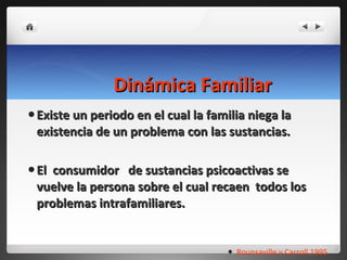 Dinámica Familiar Existe un periodo en el cual la familia niega la existencia de un problema con las sustancias. El  consumidor  de sustancias psicoactivas se vuelve la persona sobre el cual recaen  todos los problemas intrafamiliares. Rounsaville y Carroll,1995 