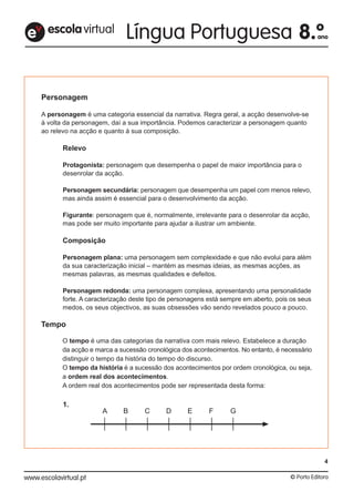 Personagem
A personagem é uma categoria essencial da narrativa. Regra geral, a acção desenvolve-se
à volta da personagem, daí a sua importância. Podemos caracterizar a personagem quanto
ao relevo na acção e quanto à sua composição.
Relevo
Protagonista: personagem que desempenha o papel de maior importância para o
desenrolar da acção.
Personagem secundária: personagem que desempenha um papel com menos relevo,
mas ainda assim é essencial para o desenvolvimento da acção.
Figurante: personagem que é, normalmente, irrelevante para o desenrolar da acção,
mas pode ser muito importante para ajudar a ilustrar um ambiente.
Composição
Personagem plana: uma personagem sem complexidade e que não evolui para além
da sua caracterização inicial – mantém as mesmas ideias, as mesmas acções, as
mesmas palavras, as mesmas qualidades e defeitos.
Personagem redonda: uma personagem complexa, apresentando uma personalidade
forte. A caracterização deste tipo de personagens está sempre em aberto, pois os seus
medos, os seus objectivos, as suas obsessões vão sendo revelados pouco a pouco.
Tempo
O tempo é uma das categorias da narrativa com mais relevo. Estabelece a duração
da acção e marca a sucessão cronológica dos acontecimentos. No entanto, é necessário
distinguir o tempo da história do tempo do discurso.
O tempo da história é a sucessão dos acontecimentos por ordem cronológica, ou seja,
a ordem real dos acontecimentos.
A ordem real dos acontecimentos pode ser representada desta forma:
1.
A B C D E F G
escolavirtuale
4
 