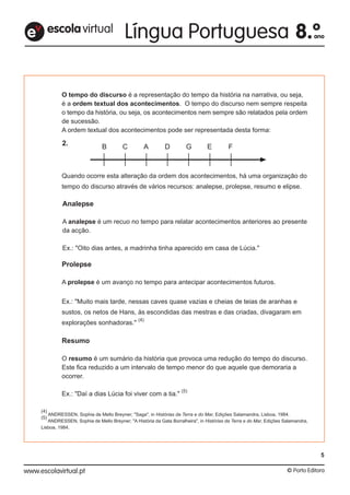 Analepse
A analepse é um recuo no tempo para relatar acontecimentos anteriores ao presente
da acção.
Ex.: "Oito dias antes, a madrinha tinha aparecido em casa de Lúcia."
O tempo do discurso é a representação do tempo da história na narrativa, ou seja,
é a ordem textual dos acontecimentos. O tempo do discurso nem sempre respeita
o tempo da história, ou seja, os acontecimentos nem sempre são relatados pela ordem
de sucessão.
A ordem textual dos acontecimentos pode ser representada desta forma:
Quando ocorre esta alteração da ordem dos acontecimentos, há uma organização do
tempo do discurso através de vários recursos: analepse, prolepse, resumo e elipse.
2.
Prolepse
A prolepse é um avanço no tempo para antecipar acontecimentos futuros.
Ex.: "Muito mais tarde, nessas caves quase vazias e cheias de teias de aranhas e
sustos, os netos de Hans, às escondidas das mestras e das criadas, divagaram em
explorações sonhadoras."
(4)
Resumo
O resumo é um sumário da história que provoca uma redução do tempo do discurso.
Este fica reduzido a um intervalo de tempo menor do que aquele que demoraria a
ocorrer.
Ex.: "Daí a dias Lúcia foi viver com a tia."
(5)
B C A D G E F
(4)
ANDRESSEN, Sophia de Mello Breyner; "Saga", in Histórias da Terra e do Mar, Edições Salamandra, Lisboa, 1984.
(5)
ANDRESSEN, Sophia de Mello Breyner; "A História da Gata Borralheira", in Histórias da Terra e do Mar, Edições Salamandra,
Lisboa, 1984.
escolavirtuale
5
 