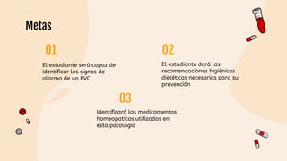 Metas
El estudiante será capaz de
identificar los signos de
alarma de un EVC
03
El estudiante dará las
recomendaciones higiénicas
dietéticas necesarias para su
prevención
Identificará los medicamentos
homeopaticos utilizados en
esta patología
 