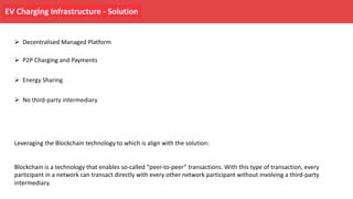 EV Charging Infrastructure - Solution
Leveraging the Blockchain technology to which is align with the solution:
Blockchain is a technology that enables so-called “peer-to-peer” transactions. With this type of transaction, every
participant in a network can transact directly with every other network participant without involving a third-party
intermediary.
Ø Decentralised Managed Platform
Ø P2P Charging and Payments
Ø Energy Sharing
Ø No third-party intermediary
 
