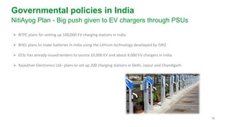 10
Governmental policies in India
NitiAyog Plan - Big push given to EV chargers through PSUs
➢ NTPC plans for setting up 100,000 EV charging stations in India
➢ BHEL plans to make batteries in India using the Lithium technology developed by ISRO
➢ EESL has already issued tenders to source 10,000 EV and about 4,000 EV chargers in India
➢ Rajasthan Electronics Ltd– plans to set up 200 charging stations in Delhi, Jaipur and Chandigarh
 