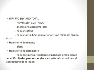 Arteria Cerebral Media
    SIGNOS Y SINTOMAS            ESTRUCTURAS AFECTADAS

  Parálisis de la mitad de la    Área motora somática para
 cara y el brazo contralateral      la cara, brazo y fibras
    más intensa que la del       descendentes, desde el área
      miembro inferior.          correspondiente a la pierna
                                    en la corona radiada y
                                        capsula interna
   Deterioro sensitivo de la       Área sensitiva somática
   mitad de la cara, brazo y      correspondiente a cara y
    pierna contralateral (a          brazo, proyecciones
pinchazo de alfiler, tacto con        talamoparietales
algodón, vibración , posición,
discriminación de dos puntos,
 estereognosia, localización
    táctil y cutaneografia)
                                                               6. Area de Broca (área motora del lenguaje)
  Elementos de afasia de         Área central del lenguaje y   9. Area motora somática primaria
 Wernicke y Sx. Gerstmann.       corteza parietal dominante    11. Area sensitiva somática primaria
                                                               16. Area sensitiva del lenguaje (área de Wernicke)
Trastornos motores del habla      Área de broca y opérculo
                                    Fontal en hemisferio
                                         dominante
Elementos de asomatognosia           Lóbulo parietal no
     y amorfogenesis                    dominante
 
