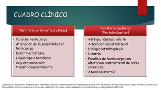 CUADRO CLÍNICO
Territorio anterior (carotídeo)
• Parálisis hemicuerpo
• Alteración de la sensibilidad en
hemicuerpo
• Disartria/disfasia
• Hemianopsia homónima
• Ceguera monocular
transitoria/permanente
Territorio posterior
(Vertebrobasilar)
• Vértigo, náuseas, vómito
• Alteracion visual bilateral
• Diplopia/oftalmoplegía
• Disatria
• Paralisis de hemicuerpo con
alteracion contralateral de pares
craneales
• Ataxia/dismetría
Diagnóstico y tratamiento temprano de la enfermedad vascular cerebral isquémica en el segundo y tercer nivel de atención. Secretaría de Salud, Ciudad de México, 16/03/2017.
Disponible en: http://imss.gob.mx/profesionales-salud/gpc http://www.cenetec.salud.gob.mx/contenidos/gpc/catalogoMaestroGPC.html
 