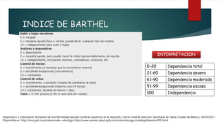INDICE DE BARTHEL
0-20 Dependencia total
21-60 Dependencia severa
61-90 Dependencia moderada
91-99 Dependencia escasa
100 Independencia
INTERPRETACION
Diagnóstico y tratamiento temprano de la enfermedad vascular cerebral isquémica en el segundo y tercer nivel de atención. Secretaría de Salud, Ciudad de México, 16/03/2017.
Disponible en: http://imss.gob.mx/profesionales-salud/gpc http://www.cenetec.salud.gob.mx/contenidos/gpc/catalogoMaestroGPC.html
 