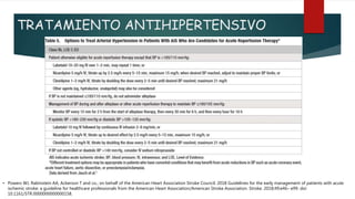 TRATAMIENTO ANTIHIPERTENSIVO
• Powers WJ, Rabinstein AA, Ackerson T and co.; on behalf of the American Heart Association Stroke Council. 2018 Guidelines for the early management of patients with acute
ischemic stroke: a guideline for healthcare professionals from the American Heart Association/American Stroke Association. Stroke. 2018;49:e46– e99. doi:
10.1161/STR.0000000000000158.
 