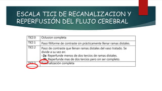 ESCALA TICI DE RECANALIZACION Y
REPERFUSIÓN DEL FLUJO CEREBRAL
TICI 0 Oclusion completa
TICI 1 Paso filiforme de contraste sin prácticamente llenar ramas distales.
TICI 2 Paso de contraste que llenan ramas distales del vaso tratado. Se
divide a su vez en:
–2a: Reperfunde menos de dos tercios de ramas distales.
–2b: Reperfunde mas de dos tercios pero sin ser completo.
TICI 3 Recanalización completa
 