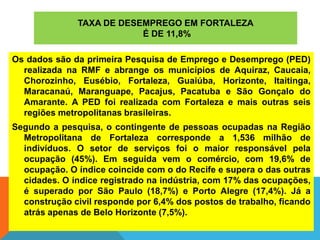 TAXA DE DESEMPREGO EM FORTALEZA
É DE 11,8%
Os dados são da primeira Pesquisa de Emprego e Desemprego (PED)
realizada na RMF e abrange os municípios de Aquiraz, Caucaia,
Chorozinho, Eusébio, Fortaleza, Guaiúba, Horizonte, Itaitinga,
Maracanaú, Maranguape, Pacajus, Pacatuba e São Gonçalo do
Amarante. A PED foi realizada com Fortaleza e mais outras seis
regiões metropolitanas brasileiras.
Segundo a pesquisa, o contingente de pessoas ocupadas na Região
Metropolitana de Fortaleza corresponde a 1,536 milhão de
indivíduos. O setor de serviços foi o maior responsável pela
ocupação (45%). Em seguida vem o comércio, com 19,6% de
ocupação. O índice coincide com o do Recife e supera o das outras
cidades. O índice registrado na indústria, com 17% das ocupações,
é superado por São Paulo (18,7%) e Porto Alegre (17,4%). Já a
construção civil responde por 6,4% dos postos de trabalho, ficando
atrás apenas de Belo Horizonte (7,5%).
 