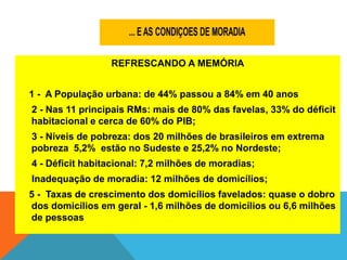 REFRESCANDO A MEMÓRIA
1 - A População urbana: de 44% passou a 84% em 40 anos
2 - Nas 11 principais RMs: mais de 80% das favelas, 33% do déficit
habitacional e cerca de 60% do PIB;
3 - Níveis de pobreza: dos 20 milhões de brasileiros em extrema
pobreza 5,2% estão no Sudeste e 25,2% no Nordeste;
4 - Déficit habitacional: 7,2 milhões de moradias;
Inadequação de moradia: 12 milhões de domicílios;
5 - Taxas de crescimento dos domicílios favelados: quase o dobro
dos domicílios em geral - 1,6 milhões de domicílios ou 6,6 milhões
de pessoas
 