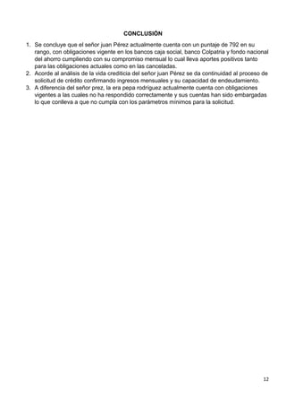 12
CONCLUSIÓN
1. Se concluye que el señor juan Pérez actualmente cuenta con un puntaje de 792 en su
rango, con obligaciones vigente en los bancos caja social, banco Colpatria y fondo nacional
del ahorro cumpliendo con su compromiso mensual lo cual lleva aportes positivos tanto
para las obligaciones actuales como en las canceladas.
2. Acorde al análisis de la vida crediticia del señor juan Pérez se da continuidad al proceso de
solicitud de crédito confirmando ingresos mensuales y su capacidad de endeudamiento.
3. A diferencia del señor prez, la era pepa rodríguez actualmente cuenta con obligaciones
vigentes a las cuales no ha respondido correctamente y sus cuentas han sido embargadas
lo que conlleva a que no cumpla con los parámetros mínimos para la solicitud.
 