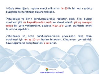 Evde tükettiğimiz toplam enerji miktarının  % 15 ’lik bir kısmı sadece buzdolabımız tarafından kullanılmaktadır. Buzdolabı ve derin dondurucularımızı radyatör, ocak, fırın, bulaşık makinesi gibi  ısı kaynaklarından uzak  ve direkt olarak  güneş almayan soğuk  bir yere yerleştirelim. Böylece  %10-15’e  varan oranlarda enerji tasarrufu yapabiliriz. Buzdolabı ve derin dondurucularımızın çevresinde hava akımı olabilmesi için  en az 10 cm  boşluk bırakalım. Cihazımızın çevresindeki hava soğumazsa enerji tüketimi  2 kat  artar. www.atikyonetim.com/evsel/ 