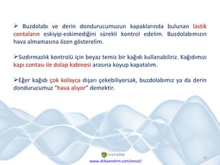 Buzdolabı ve derin dondurucumuzun kapaklarında bulunan  lastik contaların  eskiyip-eskimediğini sürekli kontrol edelim. Buzdolabımızın hava almamasına özen gösterelim. Sızdırmazlık kontrolü için beyaz temiz bir kağıdı kullanabiliriz. Kağıdımızı  kapı contası ile dolap kabinesi  arasına koyup kapatalım.  Eğer kağıdı  çok kolayca  dışarı çekebiliyorsak, buzdolabımız ya da derin dondurucumuz “ hava alıyor ” demektir.  www.atikyonetim.com/evsel/ 