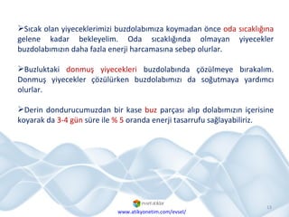 Sıcak olan yiyeceklerimizi buzdolabımıza koymadan önce  oda sıcaklığına  gelene kadar bekleyelim. Oda sıcaklığında olmayan yiyecekler buzdolabımızın daha fazla enerji harcamasına sebep olurlar. Buzluktaki  donmuş yiyecekleri  buzdolabında çözülmeye bırakalım. Donmuş yiyecekler çözülürken buzdolabımızı da soğutmaya yardımcı olurlar.  Derin dondurucumuzdan bir kase  buz  parçası alıp dolabımızın içerisine koyarak da  3-4 gün  süre ile  % 5  oranda enerji tasarrufu sağlayabiliriz.  www.atikyonetim.com/evsel/ 