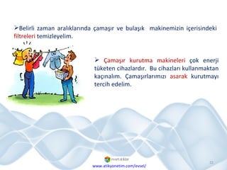 Belirli zaman aralıklarında çamaşır ve bulaşık  makinemizin içerisindeki  filtreleri  temizleyelim.  Çamaşır kurutma makineleri  çok enerji tüketen cihazlardır.  Bu cihazları kullanmaktan kaçınalım. Çamaşırlarımızı  asarak  kurutmayı tercih edelim. www.atikyonetim.com/evsel/ 
