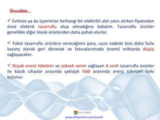 Evimize ya da işyerimize herhangi bir elektrikli alet satın alırken fiyatından önce elektrik  tasarruflu  olup olmadığına bakalım. Tasarruflu ürünler genellikle diğer klasik ürünlerden daha pahalı olurlar.  Fakat tasarruflu ürünlere vereceğimiz para, uzun vadede bize daha fazla kazanç olarak geri dönecek ve faturalarımızda önemli miktarda  düşüş  sağlayacaktır. Düşük enerji tüketimi  ve  yüksek verim  sağlayan  A sınıfı  tasarruflu ürünler ile klasik cihazlar arasında yaklaşık  %60  oranında enerji tüketimi farkı bulunur. Öncelikle… www.atikyonetim.com/evsel/ 
