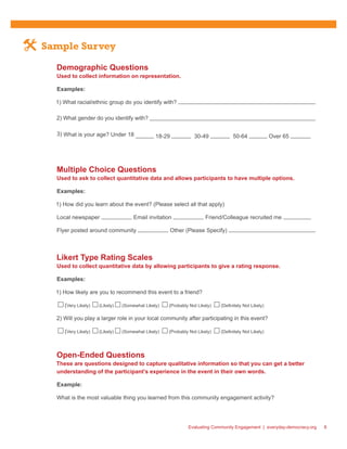 Evaluating Community Engagement | everyday-democracy.org 8
Sample Survey
Demographic Questions
Used to collect information on representation.
Examples:
1) What racial/ethnic group do you identify with?
2) What gender do you identify with?
3) What is your age? Under 18 18-29 30-49 50-64 Over 65
Multiple Choice Questions
Used to ask to collect quantitative data and allows participants to have multiple options.
Examples:
1) How did you learn about the event? (Please select all that apply)
Local newspaper Email invitation Friend/Colleague recruited me
Flyer posted around community Other (Please Specify)
Likert Type Rating Scales
Used to collect quantitative data by allowing participants to give a rating response.
Examples:
1) How likely are you to recommend this event to a friend?
(Very Likely) (Likely) (Somewhat Likely) (Probably Not Likely) (Definitely Not Likely)	
2) Will you play a larger role in your local community after participating in this event?
(Very Likely) (Likely) (Somewhat Likely) (Probably Not Likely) (Definitely Not Likely)					
Open-Ended Questions
These are questions designed to capture qualitative information so that you can get a better
understanding of the participant’s experience in the event in their own words.
Example:
What is the most valuable thing you learned from this community engagement activity?
 