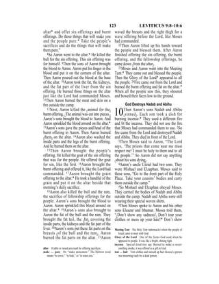123 LEVITICUS 9:8–10:6
altar* and offer sin offerings and burnt
offerings. Do those things that will make you
and the people pure.* Take the people’s
sacrifices and do the things that will make
them pure.”
8So Aaron went to the altar.* He killed the
bull for the sin offering. This sin offering was
for himself. 9Then the sons of Aaron brought
the blood to Aaron. Aaron put his ﬁnger in the
blood and put it on the corners of the altar.
Then Aaron poured out the blood at the base
of the altar. 10Aaron took the fat, the kidneys,
and the fat part of the liver from the sin
offering. He burned those things on the altar
just like the Lord had commanded Moses.
11Then Aaron burned the meat and skin on a
ﬁre outside the camp.
12Next, Aaron killed the {animal for the}
burnt offering. {The animal was cut into pieces.}
Aaron’s sons brought the blood to Aaron. And
Aaron sprinkled the blood around on the altar.*
13Aaron’s sons gave the pieces and head of the
burnt offering to Aaron. Then Aaron burned
{them} on the altar. 14Aaron also washed the
inside parts and the legs of the burnt offering.
And he burned them on the altar.
15Then Aaron brought the people’s
offering. He killed the goat of the sin offering
that was for the people. He offered the goat
for sin, like the first. 16Aaron brought the
burnt offering and offered it, like the Lord had
commanded. 17Aaron brought the grain
offering to the altar.* He took a handful of the
grain and put it on the altar beside that
morning’s daily sacriﬁce.
18Aaron also killed the bull and the ram,
the sacrifice of fellowship offerings for the
people. Aaron’s sons brought the blood to
Aaron. Aaron sprinkled this blood around on
the altar.* 19Aaron’s sons also brought to
Aaron the fat of the bull and the ram. They
brought the fat tail, the {fat} covering the
inside parts, the kidneys and the fat part of the
liver. 20Aaron’s sons put these fat parts on the
breasts {of the bull and the ram}. Aaron
burned the fat parts on the altar. 21Aaron
waved the breasts and the right thigh for a
wave offering before the Lord, like Moses
had commanded.
22Then Aaron lifted up his hands toward
the people and blessed them. After Aaron
finished offering the sin offering, the burnt
offering, and the fellowship offerings, he
came down {from the altar}.
23Moses and Aaron went into the Meeting
Tent.* They came out and blessed the people.
Then the Glory of the Lord* appeared to all
the people. 24Fire came out from the Lord and
burned the burnt offering and fat on the altar.*
When all the people saw this, they shouted
and bowed their faces low to the ground.
God Destroys Nadab and Abihu
10Then Aaron’s sons Nadab and Abihu
{sinned}. Each son took a dish for
burning incense.* They used a different fire
and lit the incense. They did not use the ﬁre
that Moses had commanded them to use. 2So
ﬁre came from the Lord and destroyed Nadab
and Abihu. They died in front of the Lord.
3Then Moses said to Aaron, “The Lord
says, ‘The priests that come near me must
respect me! I must be holy to them and to all
the people.’” So Aaron did not say anything
{about his sons dying}.
4Aaron’s uncle Uzziel had two sons. They
were Mishael and Elzaphan. Moses said to
those sons, “Go to the front part of the Holy
Place. Take your cousins’ bodies and carry
them outside the camp.”
5So Mishael and Elzaphan obeyed Moses.
They carried the bodies of Nadab and Abihu
outside the camp. Nadab and Abihu were still
wearing their special woven shirts.
6Then Moses spoke to Aaron and his other
sons Eleazar and Ithamar. Moses told them,
“{Don’t show any sadness!} Don’t tear your
clothes or mess up your hair!* Don’t show
altar A table or raised area used for offering sacriﬁces.
make … pure Or, “make atonement.” The Hebrew word
means “to cover,” “to hide,” or “to erase sins.”
Meeting Tent The Holy Tent (tabernacle) where the people of
Israel came to meet with God.
Glory of the Lord One of the forms God used when he
appeared to people. It was like a bright, shining light.
incense Special dried tree sap. Burned to make a sweet-
smelling smoke, it was offered as a gift to God.
tear … hair Torn clothes and messed up hair showed a person
was mourning (sad) for a dead person.
 