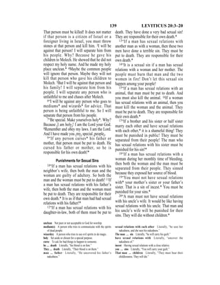 139 LEVITICUS 20:3–20
That person must be killed! It does not matter
if that person is a citizen of Israel or a
foreigner living in Israel, you must throw
stones at that person and kill him. 3I will be
against that person! I will separate him from
his people. Why? Because he gave his
children to Molech. He showed that he did not
respect my holy name. And he made my holy
place unclean.* 4Maybe the common people
will ignore that person. Maybe they will not
kill that person who gave his children to
Molech. 5But I will be against that person and
his family! I will separate him from his
people. I will separate any person who is
unfaithful to me and chases after Molech.
6“I will be against any person who goes to
mediums* and wizards* for advice. That
person is being unfaithful to me. So I will
separate that person from his people.
7“Be special. Make yourselves holy*. Why?
Because {I am holy}! I am the Lord your God.
8Remember and obey my laws. I am the Lord.
And I have made you {my} special {people}.
9“If any person curses* his father or
mother, that person must be put to death. He
cursed his father or mother, so he is
responsible for his own death!*
Punishments for Sexual Sins
10“If a man has sexual relations with his
neighbor’s wife, then both the man and the
woman are guilty of adultery. So both the
man and the woman must be put to death! 11If
a man has sexual relations with his father’s
wife, then both the man and the woman must
be put to death. They are responsible for their
own death.* It is as if that man had had sexual
relations with his father!*
12“If a man has sexual relations with his
daughter-in-law, both of them must be put to
death. They have done a very bad sexual sin!
They are responsible for their own death.*
13“If a man has sexual relations with
another man as with a woman, then these two
men have done a terrible sin. They must be
put to death. They are responsible for their
own death.*
14“It is a sexual sin if a man has sexual
relations with a woman and her mother. The
people must burn that man and the two
women in fire! Don’t let this sexual sin
happen among your people!
15“If a man has sexual relations with an
animal, that man must be put to death. And
you must also kill the animal. 16If a woman
has sexual relations with an animal, then you
must kill the woman and the animal. They
must be put to death. They are responsible for
their own death.*
17“If a brother and his sister or half sister
marry each other and have sexual relations
with each other,* it is a shameful thing! They
must be punished in public! They must be
separated from their people! The man who
has sexual relations with his sister must be
punished for his sin!*
18“If a man has sexual relations with a
woman during her monthly time of bleeding,
then both the woman and the man must be
separated from their people. They sinned
because they exposed her source of blood.
19“You must not have sexual relations
with* your mother’s sister or your father’s
sister. That is a sin of incest.* You must be
punished for your sins.*
20“A man must not have sexual relations
with his uncle’s wife. It would be like having
sexual relations with his uncle. That man and
his uncle’s wife will be punished for their
sins. They will die without children.*
unclean Not pure or not acceptable to God for worship.
medium(s) A person who tries to communicate with the spirits
of dead people.
wizard(s) A person who tries to use evil spirits to do magic.
holy Set aside or chosen for a special purpose.
curse To ask for bad things to happen to someone.
he … death Literally, “his blood is on him.”
They … death Literally, “Their blood is on them.”
man … father Literally, “He uncovered his father’s
nakedness.”
sexual relations with each other Literally, “he sees her
nakedness, and she sees his nakedness.”
The man … sin Literally, “he will carry his guilt.”
have sexual relations with Literally, “uncover the
nakedness of.”
incest Having sexual relations with a close relative.
you … sins Literally, “You will carry your guilt.”
That man … children Literally, “They must bear their
childlessness. They will die.”
 