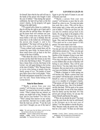 147 LEVITICUS 25:29–51
for himself, then what he has sold will stay in
the hands of the person who bought it until
the year of Jubilee.* Then during that special
celebration, the land will go back {to the ﬁrst
owner’s family}. So the property will again
belong to the right family.
29“If a person sells a home in a walled city,
then he still has the right to get it back until a
full year after he sold the house. His right to
get the house back will continue one year.
30But if {the owner does not} buy back the
house before a full year is ﬁnished, then the
house that is in the walled city will belong to
the person who bought it, and to his
descendants.* The house will not go back {to
the first owner} at the time of Jubilee.*
31Towns without walls around them will be
treated like open fields. So houses built in
those small towns will go back to the first
owners at the time of Jubilee.
32“But about the cities of the Levites: The
Levites can buy back their houses at any time
in the cities that belong to them. 33If a person
buys a house from a Levite, that house in the
Levites’ city will again belong to the Levites
at the time of Jubilee.* Why? Because houses
in Levite cities belong to people from the
family group of Levi. The people of Israel
gave those cities to the Levite people. 34Also,
the ﬁelds and pastures around the Levite cities
can’t be sold. Those fields belong to the
Levites forever.
Rules for Slave Owners
35“Maybe a person from your own
country* will become too poor to support
himself. You must let him live with you like a
visitor. 36Don’t charge him any interest {on
money you might loan to him}. Respect your
God, and let your brother* live with you.
37Don’t charge him interest on any money
you lend him. And don’t try to make a proﬁt
from the food you sell him. 38I am the Lord
your God. I brought you out of the land of
Egypt to give the land of Canaan to you and
to become your God.
39“Maybe a person from your own
country* will become so poor that he sells
himself as a slave to you. You must not make
him work like a slave. 40He will be like a
hired worker and a visitor with you until the
year of Jubilee.* 41Then he can leave you. He
can take his children and go back to his
family. He can go back to the property of his
ancestors.* 42Why? Because they are my
servants! I brought them out {of slavery} in
Egypt. They must not become slaves {again}.
43You must not be a cruel master to this
person. You must respect your God.
44“About your men and women slaves:
You may get men and women slaves from the
other nations around you. 45Also, you may get
children as slaves if they come from the
families of the foreigners living in your land.
Those children slaves will belong to you.
46You may even pass these foreign slaves on
to your children after you die so that they will
belong to your children. They will be your
slaves forever. You may make slaves of these
foreigners. But you must not be a cruel master
over your own brothers, the people of Israel.
47“Maybe a foreigner or visitor among you
will become rich. Maybe a person from your
own country* will become poor, so that he sells
himself as a slave to a foreigner living among
you or to a member of a foreigner’s family.
48That person will have the right to be bought
back {and become free}. One of his brothers*
can buy him back. 49Or his uncle or his cousin
can buy him back. Or one of his close relatives
from his family can buy him back. Or if the
person gets enough money, he can pay the
money himself {and become free again}.
50“How do you decide the price? You must
count the years from the time he sold himself
to the foreigner up to the next year of
Jubilee.* Use that number to decide the price.
Why? Because really the person only ‘hired’
him for a few years! 51If there are still many
Jubilee The word comes from the Hebrew word for the horn
that was blown at this time. See Leviticus 25:9.
descendants A person’s children and their future families.
a person … country Literally, “one of your brothers.”
your brother Or, “the person from your own country.”
ancestors Literally, “fathers,” meaning a person’s parents,
grandparents, and all the people they are descended from.
One … brothers Or, “A person from his own country.”
 