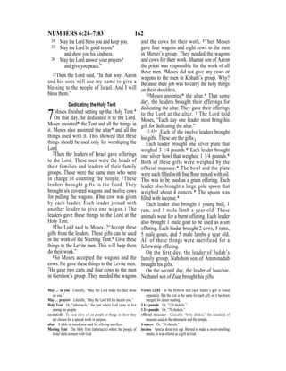 162NUMBERS 6:24–7:83
24 May the Lord bless you and keep you.
25 May the Lord be good to you*
and show you his kindness.
26 May the Lord answer your prayers*
and give you peace.”
27Then the Lord said, “In that way, Aaron
and his sons will use my name to give a
blessing to the people of Israel. And I will
bless them.”
Dedicating the Holy Tent
7Moses finished setting up the Holy Tent.*
On that day, he dedicated it to the Lord.
Moses anointed* the Tent and all the things in
it. Moses also anointed the altar* and all the
things used with it. This showed that these
things should be used only for worshiping the
Lord.
2Then the leaders of Israel gave offerings
to the Lord. These men were the heads of
their families and leaders of their family
groups. These were the same men who were
in charge of counting the people. 3These
leaders brought gifts to the Lord. They
brought six covered wagons and twelve cows
for pulling the wagons. (One cow was given
by each leader. Each leader joined with
another leader to give one wagon.) The
leaders gave these things to the Lord at the
Holy Tent.
4The Lord said to Moses, 5“Accept these
gifts from the leaders. These gifts can be used
in the work of the Meeting Tent.* Give these
things to the Levite men. This will help them
do their work.”
6So Moses accepted the wagons and the
cows. He gave these things to the Levite men.
7He gave two carts and four cows to the men
in Gershon’s group. They needed the wagons
and the cows for their work. 8Then Moses
gave four wagons and eight cows to the men
in Merari’s group. They needed the wagons
and cows for their work. Ithamar son of Aaron
the priest was responsible for the work of all
these men. 9Moses did not give any cows or
wagons to the men in Kohath’s group. Why?
Because their job was to carry the holy things
on their shoulders.
10Moses anointed* the altar.* That same
day, the leaders brought their offerings for
dedicating the altar. They gave their offerings
to the Lord at the altar. 11The Lord told
Moses, “Each day one leader must bring his
gift for dedicating the altar.”
12–83* {Each of the twelve leaders brought
his gifts. These are the gifts:}
Each leader brought one silver plate that
weighed 3 1/4 pounds.* Each leader brought
one silver bowl that weighed 1 3/4 pounds.*
Both of these gifts were weighed by the
official measure.* The bowl and the plate
were each ﬁlled with ﬁne ﬂour mixed with oil.
This was to be used as a grain offering. Each
leader also brought a large gold spoon that
weighed about 4 ounces.* The spoon was
ﬁlled with incense.*
Each leader also brought 1 young bull, 1
ram, and 1 male lamb a year old. These
animals were for a burnt offering. Each leader
also brought 1 male goat to be used as a sin
offering. Each leader brought 2 cows, 5 rams,
5 male goats, and 5 male lambs a year old.
All of these things were sacrificed for a
fellowship offering.
On the first day, the leader of Judah’s
family group, Nahshon son of Amminadab
brought his gifts.
On the second day, the leader of Issachar,
Nethanel son of Zuar brought his gifts.
May … to you Literally, “May the Lord make his face shine
on you.”
May … prayers Literally, “May the Lord lift his face to you.”
Holy Tent Or, “tabernacle,” the tent where God came to live
among his people.
anoint(ed) To pour olive oil on people or things to show they
are chosen for a special work or purpose.
altar A table or raised area used for offering sacriﬁces.
Meeting Tent The Holy Tent (tabernacle) where the people of
Israel went to meet with God.
Verses 12-83 In the Hebrew text each leader’s gift is listed
separately. But the text is the same for each gift, so it has been
merged for easier reading.
3 1/4 pounds Or, “130 shekels.”
1 3/4 pounds Or, “70 shekels.”
official measure Literally, “holy shekel,” the standard of
measure used in the tabernacle and the temple.
4 ounces Or, “10 shekels.”
incense Special dried tree sap. Burned to make a sweet-smelling
smoke, it was offered as a gift to God.
 