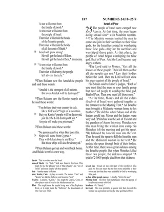 187 NUMBERS 24:18–25:9
A star will come from
the family of Jacob.*
A new ruler will come from
the people of Israel.
That ruler will crush the heads
of the Moabite people.
That ruler will crush the heads
of all the sons of Sheth.*
18 Israel will grow strong!
He will get the land of Edom.
He will get the land of Seir,* his enemy.
19 “A new ruler will come from
the family of Jacob.*
That ruler will destroy the people
left alive in that city.”
20Then Balaam saw the Amalekite people
and said these words:
“Amalek is the strongest of all nations.
But even Amalek will be destroyed!”
21Then Balaam saw the Kenite people and
he said these words:
“You believe that your country is safe,
like a bird’s nest* high on a mountain.
22 But you Kenite* people will be destroyed,
just like the Lord destroyed Cain.*
Assyria will make you prisoners.”
23Then Balaam said these words:
“No person can live when God does this.
24 Ships will come from Cyprus.*
They will defeat Assyria and Eber.*
But those ships will also be destroyed.”
25Then Balaam got up and went back home.
And Balak went his own way.
Israel at Peor
25The people of Israel were camped near
Acacia. At that time, the men began
doing sexual sins* with Moabite women.
2–3The Moabite women invited the men to
come and join in their sacriﬁces to their false
gods. So the Israelites joined in worshiping
those false gods—they ate the sacriﬁces and
worshiped those gods. At that place, the
people of Israel began worshiping the false
god, Baal of Peor. And the Lord became very
angry at them.
4The Lord said to Moses, “Get all the
leaders of these people. Then kill them so that
all the people can see.* Lay their bodies
before the Lord. Then the Lord will not show
his anger against all the people of Israel.”
5So Moses said to Israel’s judges, “Each of
you must ﬁnd the men in your family group
that have led people to worship the false god,
Baal of Peor. Then you must kill those men.”
6At the time, Moses and all the elders
(leaders) of Israel were gathered together at
the entrance to the Meeting Tent.* An Israelite
man brought a Midianite woman home to his
brothers.* He did this where Moses and all the
leaders could see. Moses and the leaders were
very sad. 7Phinehas was the son of Eleazar and
the grandson of Aaron the priest. Phinehas saw
this man bring the woman into camp. So
Phinehas left the meeting and got his spear.
8He followed the Israelite man into the tent.
Then he used the spear to kill the Israelite man
and the Midianite woman in her tent.* He
pushed the spear through both of their bodies.
At that time, there was a great sickness among
the Israelite people. But when Phinehas killed
these two people, the sickness stopped. 9A
total of 24,000 people died from that sickness.
Jacob This is another name for Israel.
sons of Sheth Or, “Seth.” Seth was Adam’s third son. This
might be like the phrases “son of Man (Adam)” and “son of
Enosh” and mean simply “all those people.”
Seir Another name for Edom.
nest, Kenite, Cain A play on words. The names “Cain” and
“Kenite” are like the Hebrew word meaning “nest.”
Cyprus Literally, “Kittim.” This might be Cyprus, Crete, or
other places west of Israel in the Mediterranean Sea.
Eber This might mean the people living west of the Euphrates
River, or it might mean the “Hebrews,” the descendants of
Eber. See Gen. 10:21.
sexual sins Sexual sin was often part of the worship of false
gods. So this can mean that the men were unfaithful to their
wives and also that they were unfaithful to God by worshiping
false gods.
so that all the people can see Literally, “before the sun.”
Meeting Tent The Holy Tent (tabernacle) where the people of
Israel went to meet with God.
brothers Or, “family.”
her tent This was probably a special tent that showed this
woman was a prostitute serving the false god Baal of Peor.
 
