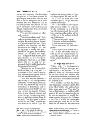 210DEUTERONOMY 5:4–25
who are alive here today. 4The Lord spoke
with you face to face at that mountain. He
spoke to you from the fire. 5But you were
afraid of the ﬁre. And you did not go up the
mountain. So I stood between the Lord and
you to tell you what the Lord said. The Lord
said: 6I am the Lord your God. I led you out
of Egypt where you were slaves. {So you must
obey these commands:}
7“You must not worship any other
gods except me.
8“You must not make any idols.* Don’t
make any statues or pictures of anything
up in the sky or of anything on the earth
or of anything down in the water. 9Don’t
worship or serve idols of any kind. Why?
Because I am the Lord your God. I hate
for my people to worship other gods.*
People who sin against me become my
enemies. And I will punish those people.
And I will punish their children, their
grandchildren, and even their great-
grandchildren. 10But I will be very kind to
people who love me and obey my
commands. I will be kind to their families
for thousands of generations!*
11“You must not use the name of the
Lord your God in a wrong way. If a
person uses the Lord’s name in a wrong
way, then that person is guilty. And the
Lord will not make him innocent.
12“You must keep the Sabbath* a
special day like the Lord your God
commanded. 13Work at your job six days
a week. 14But the seventh day is a day of
rest in honor of the Lord your God. So
on that day no person should work—not
you, your sons and daughters, foreigners
living in your cities or your men and
women slaves. Not even your cows,
donkeys, and other animals should do
any work! Your slaves should be able to
rest just like you. 15Don’t forget that you
were slaves in the land of Egypt. The
Lord your God brought you out of Egypt
with his great power. He made you free.
That is why the Lord your God
commands you to always make the
Sabbath* a special day.
16“You must honor (respect) your
father and your mother. The Lord your
God has commanded you to do this. If
you follow this command, then you will
live a long time, and everything will go
well for you in the land that the Lord
your God gives you.
17“You must not murder anyone.
18“You must not do the sin of adultery.*
19“You must not steal anything.
20“You must not tell lies about other
people.*
21“You must not want another man’s
wife. You must not want his house, his
ﬁelds, his men and women servants, his
cows or his donkeys. You must not want
to take anything that belongs to another
person!”
The People Were Afraid of God
22{Moses said,} “The Lord gave these
commands to all of you when you were
together there at the mountain. The Lord
spoke with a loud voice that came from the
ﬁre, the cloud, and the thick darkness. After
he gave us these commands, he didn’t say any
more. He wrote his words on two stone tablets
and gave them to me.
23“You heard the voice from the darkness
while the mountain was burning with fire. Then
all the elders* and the other leaders of your
family groups came to me. 24They said, ‘The
Lord our God has shown us his Glory and his
greatness! We heard him speak from the fire!
We have seen today that it is possible for a
person to continue living even after God speaks
to him. 25But if we hear the Lord our God
speak to us again, surely we will die! That
terrible fire will destroy us! We don’t want to
idols Statues of false gods that people worshiped.
I hate … gods Or, “I am El Kanah—the Jealous God.”
But I … generations Or, “I will show mercy to thousands of
people who love me and obey my commandments.”
Sabbath Saturday, a day of rest and worship for the Jews.
adultery Breaking the marriage promise by doing sexual sin.
You must not tell lies about other people Or, “You must not
be a false witness against your neighbor.”
elders Older men that were city leaders; they helped make
decisions for the people.
 