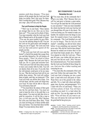 213 DEUTERONOMY 7:16–8:10
enemies catch those diseases. 16You must
destroy all the people that the Lord your God
helps you defeat. Don’t feel sorry for them.
Don’t worship their gods! Why? Because they
are a trap—{they will ruin your life}.
The Lord Promises to Help His People
17“Don’t say in your heart, ‘These nations
are stronger than we are. How can we force
them out?’ 18You must not be afraid of them.
You must remember what the Lord your God
did to Pharaoh and to all the people of Egypt.
19You saw the great troubles he gave them.
You saw the amazing things he did. You saw
the Lord use his great power and strength to
bring you out of Egypt. The Lord your God
will use that same power against all the
people you fear.
20“The Lord your God will even send the
hornet* to ﬁnd all the people that escape from
you and hide themselves. He will destroy all
those people. 21Don’t be afraid of those
people. Why? Because the Lord your God is
with you. He is a great and awesome God.
22The Lord your God will force those nations
to leave your country little by little. You will
not destroy them all at once. If you did, then
the wild animals would grow to be too many
for you. 23But the Lord your God will let you
defeat those nations. The Lord will confuse
them in battle, until they are destroyed. 24The
Lord will help you defeat their kings. You
will kill them, and the world will forget they
ever lived. No man will be able to stop you.
You will destroy them all!
25“You must throw the statues of their gods
into the fire and burn them. You must not
want to keep the silver or the gold that is on
those statues. You must not take that silver or
gold for yourselves. It will be like a trap to
you—{it will ruin your life}. Why? Because
the Lord your God hates those idols. 26And
you must not bring any of those terrible idols
into your homes. You must hate those terrible
things! You must destroy those idols!
Remember the Lord
8“You must obey all the commands that I
give you today. Why? Because then you
will live and grow to become a great nation.
You will get the land that the Lord promised
to your ancestors.* 2And you must remember
the whole trip that the Lord your God has led
you through these 40 years in the desert. The
Lord was testing you. He wanted to make you
humble. He wanted to know the things in your
heart. He wanted to know if you would obey
his commands. 3The Lord humbled you and
let you be hungry. Then he fed you with
manna*—something you did not know about
before. It was something your ancestors* had
never seen. Why did the Lord do these things?
Because he wanted you to know that it is not
just bread that keeps people alive. People’s
lives depend on what the Lord says. 4These
past 40 years, your clothes did not wear out,
and your feet did not swell. {Why? Because
the Lord protected you!} 5You must remember
that the Lord your God did all those things for
you. God was like a father teaching and
correcting his son.
6“You must obey the commands of the Lord
your God. Follow him and respect him. 7The
Lord your God is bringing you into a good
land—a land with rivers and pools of water.
Water ﬂows out of the ground in the valleys
and hills. 8It is a land with wheat and barley,
grape vines, ﬁg trees, and pomegranates.* It is
a land with olive oil and honey. 9There you
will have plenty of food. You will have
everything you need. It is a land where the
rocks are iron. You can dig copper out of the
hills. 10You will have all you want to eat.
Then you will praise the Lord your God for
the good land he has given you.
hornet A stinging insect, like a large wasp or bee. Here, it
might mean God’s angel or his great power.
ancestors Literally, “fathers,” meaning a person’s parents,
grandparents, and all the people they are descended from.
manna The special food God sent to the people of Israel while
they wandered through the desert for 40 years.
pomegranate(s) A red fruit with many small seeds inside it.
Each seed is covered with the soft, juicy part of the fruit.
 