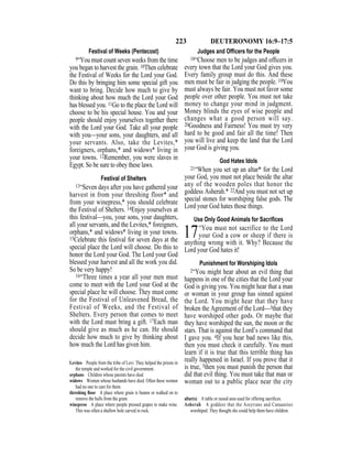 223 DEUTERONOMY 16:9–17:5
Festival of Weeks (Pentecost)
9“You must count seven weeks from the time
you began to harvest the grain. 10Then celebrate
the Festival of Weeks for the Lord your God.
Do this by bringing him some special gift you
want to bring. Decide how much to give by
thinking about how much the Lord your God
has blessed you. 11Go to the place the Lord will
choose to be his special house. You and your
people should enjoy yourselves together there
with the Lord your God. Take all your people
with you—your sons, your daughters, and all
your servants. Also, take the Levites,*
foreigners, orphans,* and widows* living in
your towns. 12Remember, you were slaves in
Egypt. So be sure to obey these laws.
Festival of Shelters
13“Seven days after you have gathered your
harvest in from your threshing floor* and
from your winepress,* you should celebrate
the Festival of Shelters. 14Enjoy yourselves at
this festival—you, your sons, your daughters,
all your servants, and the Levites,* foreigners,
orphans,* and widows* living in your towns.
15Celebrate this festival for seven days at the
special place the Lord will choose. Do this to
honor the Lord your God. The Lord your God
blessed your harvest and all the work you did.
So be very happy!
16“Three times a year all your men must
come to meet with the Lord your God at the
special place he will choose. They must come
for the Festival of Unleavened Bread, the
Festival of Weeks, and the Festival of
Shelters. Every person that comes to meet
with the Lord must bring a gift. 17Each man
should give as much as he can. He should
decide how much to give by thinking about
how much the Lord has given him.
Judges and Ofﬁcers for the People
18“Choose men to be judges and ofﬁcers in
every town that the Lord your God gives you.
Every family group must do this. And these
men must be fair in judging the people. 19You
must always be fair. You must not favor some
people over other people. You must not take
money to change your mind in judgment.
Money blinds the eyes of wise people and
changes what a good person will say.
20Goodness and Fairness! You must try very
hard to be good and fair all the time! Then
you will live and keep the land that the Lord
your God is giving you.
God Hates Idols
21“When you set up an altar* for the Lord
your God, you must not place beside the altar
any of the wooden poles that honor the
goddess Asherah.* 22And you must not set up
special stones for worshiping false gods. The
Lord your God hates those things.
Use Only Good Animals for Sacriﬁces
17“You must not sacrifice to the Lord
your God a cow or sheep if there is
anything wrong with it. Why? Because the
Lord your God hates it!
Punishment for Worshiping Idols
2“You might hear about an evil thing that
happens in one of the cities that the Lord your
God is giving you. You might hear that a man
or woman in your group has sinned against
the Lord. You might hear that they have
broken the Agreement of the Lord—3that they
have worshiped other gods. Or maybe that
they have worshiped the sun, the moon or the
stars. That is against the Lord’s command that
I gave you. 4If you hear bad news like this,
then you must check it carefully. You must
learn if it is true that this terrible thing has
really happened in Israel. If you prove that it
is true, 5then you must punish the person that
did that evil thing. You must take that man or
woman out to a public place near the city
Levites People from the tribe of Levi. They helped the priests in
the temple and worked for the civil government.
orphans Children whose parents have died.
widows Women whose husbands have died. Often these women
had no one to care for them.
threshing ﬂoor A place where grain is beaten or walked on to
remove the hulls from the grain.
winepress A place where people pressed grapes to make wine.
This was often a shallow hole carved in rock.
altar(s) A table or raised area used for offering sacriﬁces.
Asherah A goddess that the Assyrians and Canaanites
worshiped. They thought she could help them have children.
 