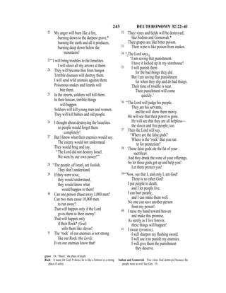243 DEUTERONOMY 32:22–41
22 My anger will burn like a ﬁre,
burning down to the deepest grave,*
burning the earth and all it produces,
burning deep down below the
mountains!
23“‘I will bring troubles to the Israelites.
I will shoot all my arrows at them.
24 They will become thin from hunger.
Terrible diseases will destroy them.
I will send wild animals against them.
Poisonous snakes and lizards will
bite them.
25 In the streets, soldiers will kill them.
In their houses, terrible things
will happen.
Soldiers will kill young men and women.
They will kill babies and old people.
26 I thought about destroying the Israelites
so people would forget them
completely!
27 But I know what their enemies would say.
The enemy would not understand.
They would brag and say,
“The Lord did not destroy Israel.
We won by our own power!”’
28 “The people {of Israel} are foolish.
They don’t understand.
29 If they were wise,
they would understand,
they would know what
would happen to them!
30 Can one person chase away 1,000 men?
Can two men cause 10,000 men
to run away?
That will happen only if the Lord
gives them to their enemy!
That will happen only
if their Rock* (God)
sells them like slaves!
31 The ‘rock’ of our enemies is not strong
like our Rock (the Lord).
Even our enemies know that!
32 Their vines and ﬁelds will be destroyed,
like Sodom and Gomorrah.*
Their grapes are like bitter poison.
33 Their wine is like poison from snakes.
34 “{The Lord says,}
‘I am saving that punishment.
I have it locked up in my storehouse!
35 I will punish them
for the bad things they did.
But I am saving that punishment
for when they slip and do bad things.
Their time of trouble is near.
Their punishment will come
quickly.’
36 “The Lord will judge his people.
They are his servants,
and he will show them mercy.
He will see that their power is gone.
He will see that they are all helpless—
the slaves and free people, too.
37 Then the Lord will say,
‘Where are the false gods?
Where is the ‘rock’ that you ran
to for protection?
38 Those false gods ate the fat of your
sacriﬁces.
And they drank the wine of your offerings.
So let those gods get up and help you!
Let them protect you!
39“‘Now, see that I, and only I, am God!
There is no other God!
I put people to death,
and I let people live.
I can hurt people,
and I can make them well.
No one can save another person
from my power!
40 I raise my hand toward heaven
and make this promise.
As surely as I live forever,
these things will happen!
41 I swear (promise),
I will sharpen my ﬂashing sword.
I will use it to punish my enemies.
I will give them the punishment
they deserve.
grave Or, “Sheol,” the place of death.
Rock A name for God. It shows he is like a fortress or a strong
place of safety.
Sodom and Gomorrah Two cities God destroyed because the
people were so evil. See Gen. 19.
 