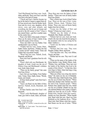 41 GENESIS 36:5–39
5And Oholibamah had three sons: Jeush,
Jalam, and Korah. Those were Esau’s sons that
were born in the land of Canaan.
6–8Jacob and Esau’s families became too
big for the land in Canaan to support them all.
So Esau moved away from his brother Jacob.
Esau took his wives, sons, daughters, all his
slaves, cows and other animals, and
everything else that he got in Canaan and
moved to the hill country of Seir.* (Esau is
also named Edom—{and this is another name
for the country Seir}.)
9Esau is the father of the people of Edom.*
These are the names of Esau’s family living
in the hill country of Seir (Edom):
10Esau and Adah’s son was Eliphaz. Esau
and Basemath’s son was Reuel.
11Eliphaz had five sons: Teman, Omar,
Zepho, Gatam, and Kenaz. 12Eliphaz also had
a woman servant* named Timna. Timna and
Eliphaz had a son named Amalek.
13Reuel had four sons: Nahath, Zerah,
Shammah, and Mizzah.
Those were Esau’s grandsons from his wife
Basemath.
14Esau’s third wife was Oholibamah, the
daughter of Anah. (Anah was the son of
Zibeon.) Esau and Oholibamah’s children
were: Jeush, Jalam, Korah.
15These are the family groups* that came
from Esau (Edom):
Esau’s ﬁrst son was Eliphaz. From Eliphaz
came: Teman, Omar, Zepho, Kenaz, 16Korah,
Gatam, and Amalek.
All those family groups* came from Esau’s
wife Adah.
17Esau’s son Reuel was the father of these
families: Nahath, Zerah, Shammah, and
Mizzah.
All those families came from Esau’s wife
Basemath.
18Esau’s wife Oholibamah, daughter of
Anah, gave birth to Jeush, Jalam, and Korah.
Those three men were the fathers of their
families. 19Those men were all family leaders
from Esau (Edom).
20Seir, a Horite man, lived in Edom* before
Esau. These are the sons of Seir: Lotan,
Shobal, Zibeon, Anah, 21Dishon, Ezer,
Dishan. Those sons were all Horite family
leaders from Seir in Edom.
22Lotan was the father of Hori and
Heman.* (Timna was Lotan’s sister.)
23Shobal was the father of Alvan,
Manahath, Ebal, Shepho, and Onam.
24Zibeon had two sons Aiah and Anah.
(Anah is the man who found the hot springs in
the mountains while he was caring for his
father’s donkeys.)
25Anah was the father of Dishon and
Oholibamah.
26Dishon had four sons. They were
Hemdan, Eshban, Ithran, and Keran.
27Ezer had three sons. They were Bilhan,
Zaavan, and Akan.
28Dishan had two sons. They were Uz and
Aran.
29These are the names of the leaders of the
Horite families: Lotan, Shobal, Zibeon, Anah,
30Dishon, Ezer, and Dishan. Those men were
the leaders of the families that lived in the
country of Seir (Edom*). 31At that time, there
were kings in Edom. Edom had kings a long
time before Israel did.
32Bela son of Beor was a king who ruled in
Edom.* He ruled over the city of Dinhabah.
33When Bela died, Jobab became king. Jobab
was the son of Zerah from Bozrah. 34When
Jobab died, Husham ruled. Husham was from
the land of the Temanite people. 35When
Husham died, Hadad ruled that area. Hadad
was the son of Bedad. (Hadad was the man
who defeated Midian in the country of Moab.)
Hadad was from the city of Avith. 36When
Hadad died, Samlah ruled that country.
Samlah was from Masrekah. 37When Samlah
died, Shaul ruled that area. Shaul was from
Rehoboth on the Euphrates River. 38When
Shaul died, Baal Hanan ruled that country.
Baal Hanan was the son of Acbor. 39When
Seir A mountain range in Edom.
Edom A country east of Judah.
woman servant Or, “concubine,” a woman who was like a wife
to a man.
family groups Or, “family leaders.” These families became
large tribes and nations. Heman Or “Homam.”
 