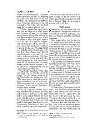 8GENESIS 7:8–8:13
with him. 8All the clean animals,* all the other
animals on the earth, the birds, and everything
that crawls on the earth 9went into the boat
with Noah. These animals went into the boat in
groups of two, male and female, just like God
commanded. 10Seven days later the flood
started. The rain began to fall on the earth.
11–13On the 17th day of the second month,
when Noah was 600 years old, all the springs
under the ground split open, {and water began
ﬂowing from the ground}. That same day the
rains began falling hard on the earth. It was
like windows in the sky were opened. The rain
fell on the earth for 40 days and 40 nights.
That very same day Noah and his wife, his
sons—Shem, Ham, and Japheth—and their
wives went into the boat. 14Those people and
every kind of animal on the earth were in the
boat. Every kind of cattle, every kind of
animal that crawls on the earth, and every
kind of bird were in the boat. 15All these
animals went into the boat with Noah. They
came in groups of two from every kind of
animal that had the breath of life. 16All these
animals went into the boat in groups of two,
just like God had commanded Noah. Then the
Lord closed the door behind him.
17Water ﬂooded the earth for 40 days. The
water began rising and lifted the boat off the
ground. 18The water continued to rise, and the
boat ﬂoated on the water high above the earth.
19The water rose so much that even the
highest mountains were covered by the water.
20The water continued to rise above the
mountains. The water was more than 20 feet*
above the highest mountain.
21–22Every living thing on earth died—
every man and woman, every bird, and every
kind of animal on earth died. All the many
kinds of animals and all the things that crawl
on the ground died. Every living, breathing
thing on dry land died. 23In this way, God
wiped the earth clean—God destroyed every
living thing on the earth—every man, every
animal, everything that crawls, and every bird.
All these things were destroyed from the
earth. The only life that was left was Noah
and those people and animals that were with
him in the boat. 24The water continued to
cover the earth for 150 days.
The Flood Ends
8But God did not forget about Noah. God
remembered Noah and all the animals that
were with him in the boat. God made a wind
blow over the earth. And all the water began
to disappear.
2Rain stopped falling from the sky. And
water stopped ﬂowing from under the earth.
3–4The water that covered the earth began to go
down and down. After 150 days, the water was
low enough that the boat touched land again.
The boat stopped on one of the mountains of
Ararat.* This was the 17th day of the seventh
month. 5The water continued to go down, and
by the ﬁrst day of the tenth month the tops of
the mountains were above the water.
6Forty days later, Noah opened the window
he had made in the boat. 7Then Noah sent out
a raven.* The raven flew from place to place
until the ground was dry and the water was
gone. 8Noah also sent out a dove. Noah
wanted the dove to find dry ground. He
wanted to know if water still covered the earth.
9The dove could not find a place to rest
because water still covered the earth, so the
dove came back to the boat. Noah reached out
his hand and caught the dove and brought it
back into the boat.
10After seven days, Noah again sent out the
dove. 11And that afternoon the dove came
back to Noah. The dove had a fresh olive leaf
in its mouth. This was a sign to show Noah
that there was dry ground on the earth.
12Seven days later, Noah sent the dove out
again. But this time the dove never came back.
13After that, Noah opened the door* of the
boat. Noah looked and saw that the ground
was dry. This was the first day of the first
month of the year. Noah was 601 years old.
clean animals Birds and animals that God said could be used
for sacriﬁces.
20 feet Literally, “15 cubits” which would be 22’ 1 11/16”
(6.75m) if this was the short cubit or 25’ 10” (7.875m) if it
was the long cubit.
Ararat Or, “Urartu,” an area in Eastern Turkey.
raven A kind of bird.
opened the door Literally, “removed the covering.”
 