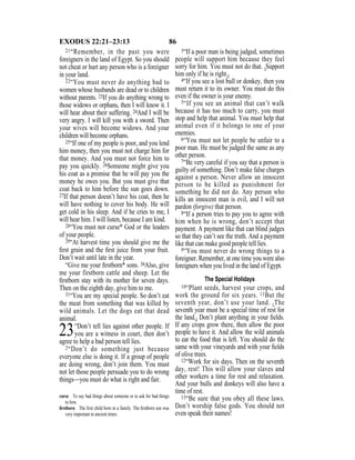 86EXODUS 22:21–23:13
21“Remember, in the past you were
foreigners in the land of Egypt. So you should
not cheat or hurt any person who is a foreigner
in your land.
22“You must never do anything bad to
women whose husbands are dead or to children
without parents. 23If you do anything wrong to
those widows or orphans, then I will know it. I
will hear about their suffering. 24And I will be
very angry. I will kill you with a sword. Then
your wives will become widows. And your
children will become orphans.
25“If one of my people is poor, and you lend
him money, then you must not charge him for
that money. And you must not force him to
pay you quickly. 26Someone might give you
his coat as a promise that he will pay you the
money he owes you. But you must give that
coat back to him before the sun goes down.
27If that person doesn’t have his coat, then he
will have nothing to cover his body. He will
get cold in his sleep. And if he cries to me, I
will hear him. I will listen, because I am kind.
28“You must not curse* God or the leaders
of your people.
29“At harvest time you should give me the
ﬁrst grain and the ﬁrst juice from your fruit.
Don’t wait until late in the year.
“Give me your ﬁrstborn* sons. 30Also, give
me your firstborn cattle and sheep. Let the
ﬁrstborn stay with its mother for seven days.
Then on the eighth day, give him to me.
31“You are my special people. So don’t eat
the meat from something that was killed by
wild animals. Let the dogs eat that dead
animal.
23“Don’t tell lies against other people. If
you are a witness in court, then don’t
agree to help a bad person tell lies.
2“Don’t do something just because
everyone else is doing it. If a group of people
are doing wrong, don’t join them. You must
not let those people persuade you to do wrong
things—you must do what is right and fair.
3“If a poor man is being judged, sometimes
people will support him because they feel
sorry for him. You must not do that. {Support
him only if he is right.}
4“If you see a lost bull or donkey, then you
must return it to its owner. You must do this
even if the owner is your enemy.
5“If you see an animal that can’t walk
because it has too much to carry, you must
stop and help that animal. You must help that
animal even if it belongs to one of your
enemies.
6“You must not let people be unfair to a
poor man. He must be judged the same as any
other person.
7“Be very careful if you say that a person is
guilty of something. Don’t make false charges
against a person. Never allow an innocent
person to be killed as punishment for
something he did not do. Any person who
kills an innocent man is evil, and I will not
pardon (forgive) that person.
8“If a person tries to pay you to agree with
him when he is wrong, don’t accept that
payment. A payment like that can blind judges
so that they can’t see the truth. And a payment
like that can make good people tell lies.
9“You must never do wrong things to a
foreigner. Remember, at one time you were also
foreigners when you lived in the land of Egypt.
The Special Holidays
10“Plant seeds, harvest your crops, and
work the ground for six years. 11But the
seventh year, don’t use your land. {The
seventh year must be a special time of rest for
the land.} Don’t plant anything in your ﬁelds.
If any crops grow there, then allow the poor
people to have it. And allow the wild animals
to eat the food that is left. You should do the
same with your vineyards and with your ﬁelds
of olive trees.
12“Work for six days. Then on the seventh
day, rest! This will allow your slaves and
other workers a time for rest and relaxation.
And your bulls and donkeys will also have a
time of rest.
13“Be sure that you obey all these laws.
Don’t worship false gods. You should not
even speak their names!
curse To say bad things about someone or to ask for bad things
to him.
ﬁrstborn The ﬁrst child born in a family. The ﬁrstborn son was
very important in ancient times.
 