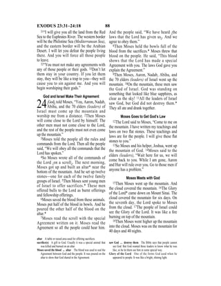 88EXODUS 23:31–24:18
31“I will give you all the land from the Red
Sea to the Euphrates River. The western border
will be the Philistine Sea (Mediterranean Sea),
and the eastern border will be the Arabian
Desert. I will let you defeat the people living
there. And you will force all those people
to leave.
32“You must not make any agreements with
any of those people or their gods. 33Don’t let
them stay in your country. If you let them
stay, they will be like a trap to you—they will
cause you to sin against me. And you will
begin worshiping their gods.”
God and Israel Make Their Agreement
24{God} told Moses, “You, Aaron, Nadab,
Abihu, and the 70 elders (leaders) of
Israel must come up the mountain and
worship me from a distance. 2Then Moses
will come close to the Lord by himself. The
other men must not come close to the Lord,
and the rest of the people must not even come
up the mountain.”
3Moses told the people all the rules and
commands from the Lord. Then all the people
said, “We will obey all the commands that the
Lord has spoken.”
4So Moses wrote all of the commands of
the Lord {on a scroll}. The next morning,
Moses got up and built an altar* near the
bottom of the mountain. And he set up twelve
stones—one for each of the twelve family
groups of Israel. 5Then Moses sent young men
of Israel to offer sacrifices.* These men
offered bulls to the Lord as burnt offerings
and fellowship offerings.
6Moses saved the blood from these animals.
Moses put half of the blood in bowls. And he
poured the other half of the blood on the
altar.*
7Moses read the scroll with the special
Agreement written on it. Moses read the
Agreement so all the people could hear him.
And the people said, “We have heard {the
laws that the Lord has given us}. And we
agree to obey them.”
8Then Moses held the bowls full of the
blood from the sacriﬁces.* Moses threw that
blood on the people. He said, “This blood
shows that the Lord has made a special
Agreement with you. The laws God gave you
explain the Agreement.”
9Then Moses, Aaron, Nadab, Abihu, and
the 70 elders (leaders) of Israel went up the
mountain. 10On the mountain, these men saw
the God of Israel. God was standing on
something that looked like blue sapphires, as
clear as the sky! 11All the leaders of Israel
saw God, but God did not destroy them.*
They all ate and drank together.
Moses Goes to Get God’s Law
12The Lord said to Moses, “Come to me on
the mountain. I have written my teachings and
laws on two ﬂat stones. These teachings and
laws are for the people. I will give these ﬂat
stones to you.”
13So Moses and his helper, Joshua, went up
the mountain of God. 14Moses said to the
elders (leaders), “Wait here for us, we will
come back to you. While I am gone, Aaron
and Hur will rule over you. Go to those men if
anyone has a problem.”
Moses Meets with God
15Then Moses went up the mountain. And
the cloud covered the mountain. 16The Glory
of the Lord* came down on Mount Sinai. The
cloud covered the mountain for six days. On
the seventh day, the Lord spoke to Moses
from the cloud. 17The people of Israel could
see the Glory of the Lord. It was like a ﬁre
burning on top of the mountain.
18Then Moses went higher up the mountain
into the cloud. Moses was on the mountain for
40 days and 40 nights.
altar A table or raised area used for offering sacriﬁces.
sacriﬁce(s) A gift to God. Usually it was a special animal that
was killed and burned on an altar.
Moses saved the blood ... altar The blood was used to seal the
Agreement between God and the people. It was poured on the
altar to show that God shared in the Agreement.
saw God … destroy them The Bible says that people cannot
see God. But God wanted these leaders to know what he was
like, so he let them see him in some special way.
Glory of the Lord One of the forms God used when he
appeared to people. It was like a bright, shining light.
 