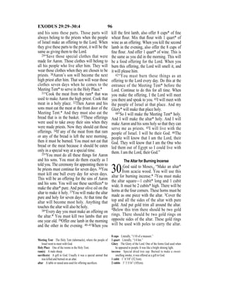96EXODUS 29:29–30:4
and his sons these parts. Those parts will
always belong to the priests when the people
of Israel make an offering to the Lord. When
they give these parts to the priest, it will be the
same as giving them to the Lord.
29“Save those special clothes that were
made for Aaron. Those clothes will belong to
all his people who live after him. They will
wear those clothes when they are chosen to be
priests. 30Aaron’s son will become the next
high priest after him. That son will wear those
clothes seven days when he comes to the
Meeting Tent* to serve in the Holy Place.*
31“Cook the meat from the ram* that was
used to make Aaron the high priest. Cook that
meat in a holy place. 32Then Aaron and his
sons must eat the meat at the front door of the
Meeting Tent.* And they must also eat the
bread that is in the basket. 33These offerings
were used to take away their sins when they
were made priests. Now they should eat those
offerings. 34If any of the meat from that ram
or any of the bread is left the next morning,
then it must be burned. You must not eat that
bread or the meat because it should be eaten
only in a special way at a special time.
35“You must do all these things for Aaron
and his sons. You must do them exactly as I
told you. The ceremony for appointing them to
be priests must continue for seven days. 36You
must kill one bull every day for seven days.
This will be an offering for the sins of Aaron
and his sons. You will use these sacriﬁces* to
make the altar* pure. And pour olive oil on the
altar to make it holy. 37You will make the altar
pure and holy for seven days. At that time the
altar will become most holy. Anything that
touches the altar will also be holy.
38“Every day you must make an offering on
the altar.* You must kill two lambs that are
one year old. 39Offer one lamb in the morning
and the other in the evening. 40–41When you
kill the ﬁrst lamb, also offer 8 cups* of ﬁne
wheat ﬂour. Mix that ﬂour with 1 quart* of
wine as an offering. When you kill the second
lamb in the evening, also offer the 8 cups of
ﬁne ﬂour. And offer 1 quart* of wine. This is
the same as you did in the morning. This will
be a food offering for the Lord. When you
burn this offering, the Lord will smell it, and
it will please him.
42“You must burn these things as an
offering to the Lord every day. Do this at the
entrance of the Meeting Tent* before the
Lord. Continue to do this for all time. When
you make the offering, I the Lord will meet
you there and speak to you. 43I will meet with
the people of Israel at that place. And my
Glory* will make that place holy.
44“So I will make the Meeting Tent* holy.
And I will make the altar* holy. And I will
make Aaron and his sons holy so that they can
serve me as priests. 45I will live with the
people of Israel. I will be their God. 46The
people will know that I am the Lord, their
God. They will know that I am the One who
led them out of Egypt so I could live with
them. I am the Lord, their God.”
The Altar for Burning Incense
30{God said to Moses,} “Make an altar*
from acacia wood. You will use this
altar for burning incense.* 2You must make
the altar square—1 cubit* long and 1 cubit
wide. It must be 2 cubits* high. There will be
horns at the four corners. These horns must be
made as one piece with the altar. 3Cover the
top and all the sides of the altar with pure
gold. And put gold trim all around the altar.
4Below this trim there should be two gold
rings. There should be two gold rings on
opposite sides of the altar. These gold rings
will be used with poles to carry the altar.
Meeting Tent The Holy Tent (tabernacle), where the people of
Israel went to meet with God.
Holy Place One of the rooms in the Holy Tent.
ram(s) A male sheep.
sacriﬁce(s) A gift to God. Usually it was a special animal that
was killed and burned on an altar.
altar A table or raised area used for offering sacriﬁces.
8 cups Literally, “1/10 of a measure.”
1 quart Literally, “1/4 hin.”
Glory The Glory of the Lord. One of the forms God used when
he appeared to people. It was like a bright shining light.
incense Special dried tree sap. Burned to make a sweet-
smelling smoke, it was offered as a gift to God.
1 cubit 1’ 8 5/8” (52.5cm).
2 cubits 3’ 5 5/16” (105cm).
 