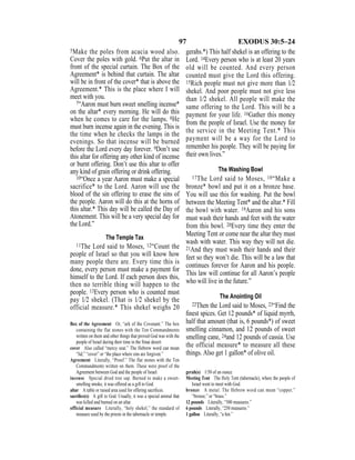 97 EXODUS 30:5–24
5Make the poles from acacia wood also.
Cover the poles with gold. 6Put the altar in
front of the special curtain. The Box of the
Agreement* is behind that curtain. The altar
will be in front of the cover* that is above the
Agreement.* This is the place where I will
meet with you.
7“Aaron must burn sweet smelling incense*
on the altar* every morning. He will do this
when he comes to care for the lamps. 8He
must burn incense again in the evening. This is
the time when he checks the lamps in the
evenings. So that incense will be burned
before the Lord every day forever. 9Don’t use
this altar for offering any other kind of incense
or burnt offering. Don’t use this altar to offer
any kind of grain offering or drink offering.
10“Once a year Aaron must make a special
sacrifice* to the Lord. Aaron will use the
blood of the sin offering to erase the sins of
the people. Aaron will do this at the horns of
this altar.* This day will be called the Day of
Atonement. This will be a very special day for
the Lord.”
The Temple Tax
11The Lord said to Moses, 12“Count the
people of Israel so that you will know how
many people there are. Every time this is
done, every person must make a payment for
himself to the Lord. If each person does this,
then no terrible thing will happen to the
people. 13Every person who is counted must
pay 1⁄2 shekel. (That is 1⁄2 shekel by the
official measure.* This shekel weighs 20
gerahs.*) This half shekel is an offering to the
Lord. 14Every person who is at least 20 years
old will be counted. And every person
counted must give the Lord this offering.
15Rich people must not give more than 1⁄2
shekel. And poor people must not give less
than 1⁄2 shekel. All people will make the
same offering to the Lord. This will be a
payment for your life. 16Gather this money
from the people of Israel. Use the money for
the service in the Meeting Tent.* This
payment will be a way for the Lord to
remember his people. They will be paying for
their own lives.”
The Washing Bowl
17The Lord said to Moses, 18“Make a
bronze* bowl and put it on a bronze base.
You will use this for washing. Put the bowl
between the Meeting Tent* and the altar.* Fill
the bowl with water. 19Aaron and his sons
must wash their hands and feet with the water
from this bowl. 20Every time they enter the
Meeting Tent or come near the altar they must
wash with water. This way they will not die.
21And they must wash their hands and their
feet so they won’t die. This will be a law that
continues forever for Aaron and his people.
This law will continue for all Aaron’s people
who will live in the future.”
The Anointing Oil
22Then the Lord said to Moses, 23“Find the
ﬁnest spices. Get 12 pounds* of liquid myrrh,
half that amount (that is, 6 pounds*) of sweet
smelling cinnamon, and 12 pounds of sweet
smelling cane, 24and 12 pounds of cassia. Use
the official measure* to measure all these
things. Also get 1 gallon* of olive oil.
Box of the Agreement Or, “ark of the Covenant.” The box
containing the flat stones with the Ten Commandments
written on them and other things that proved God was with the
people of Israel during their time in the Sinai desert.
cover Also called “mercy seat.” The Hebrew word can mean
“lid,” “cover” or “the place where sins are forgiven.”
Agreement Literally, “Proof.” The flat stones with the Ten
Commandments written on them. These were proof of the
Agreement between God and the people of Israel.
incense Special dried tree sap. Burned to make a sweet-
smelling smoke, it was offered as a gift to God.
altar A table or raised area used for offering sacriﬁces.
sacriﬁce(s) A gift to God. Usually, it was a special animal that
was killed and burned on an altar.
official measure Literally, “holy shekel,” the standard of
measure used by the priests in the tabernacle or temple.
gerah(s) 1/50 of an ounce.
Meeting Tent The Holy Tent (tabernacle), where the people of
Israel went to meet with God.
bronze A metal. The Hebrew word can mean “copper,”
“bronze,” or “brass.”
12 pounds Literally, “500 measures.”
6 pounds Literally, “250 measures.”
1 gallon Literally, “a hin.”
 