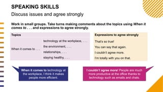 Work in small groups. Take turns making comments about the topics using When it
comes to . . . and expressions to agree strongly.
Discuss issues and agree strongly
SPEAKING SKILLS
Topics
When it comes to . . .
technology at the workplace, . . .
the environment, . . .
relationships, . . .
staying healthy, . . .
Expressions to agree strongly
That’s so true!
You can say that again.
I couldn’t agree more.
I’m totally with you on that.
When it comes to technology at
the workplace, I think it makes
people more efficient.
I couldn’t agree more! People are much
more productive at the office thanks to
technology such as emails and chats.
 