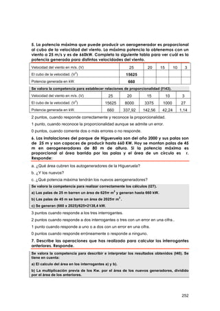5. La potencia máxima que puede producir un aerogenerador es proporcional
al cubo de la velocidad del viento. La máxima potencia la obtenemos con un
viento a 25 m/s y es de 660kW. Completa la siguiente tabla para ver cuál es la
potencia generada para distintas velocidades del viento.
Velocidad del viento en m/s. (V)                             25       20     15        10        3
                           3
El cubo de la velocidad. (V )                               15625
Potencia generada en kW.                                     660
Se valora la competencia para establecer relaciones de proporcionalidad (I143).
Velocidad del viento en m/s. (V)              25            20       15           10         3
                           3
El cubo de la velocidad. (V )               15625          8000     3375      1000          27
Potencia generada en kW.                     660           337,92   142,56    42,24         1,14
2 puntos, cuando responde correctamente y reconoce la proporcionalidad.
1 punto, cuando reconoce la proporcionalidad aunque se admite un error.
0 puntos, cuando comente dos o más errores o no responde.
6. Las instalaciones del parque de Higueruela son del año 2000 y sus palas son
de 25 m y son capaces de producir hasta 660 KW. Hoy se montan palas de 45
m en aerogeneradores de 80 m de altura. Si la potencia máxima es
proporcional al área barrida por las palas y el área de un círculo es r.
Responde:
a. ¿Qué área cubren los autogeneradores de la Higueruela?
b. ¿Y los nuevos?
c. ¿Qué potencia máxima tendrán los nuevos aerogeneradores?
Se valora la competencia para realizar correctamente los cálculos (I27).
                                                   2
a) Las palas de 25 m barren un área de 625π m y generan hasta 660 kW.
                                                       2
b) Las palas de 45 m se barre un área de 2025π m .
c) Se generan (660 x 2025)/625=2138,4 kW.

3 puntos cuando responde a los tres interrogantes.
2 puntos cuando responde a dos interrogantes o tres con un error en una cifra..
1 punto cuando responde a uno o a dos con un error en una cifra.
0 puntos cuando responde erróneamente o responde a ninguno.
7. Describe las operaciones que has realizado para calcular los interrogantes
anteriores. Responde.
Se valora la competencia para describir e interpretar los resultados obtenidos (I40). Se
tiene en cuenta:
a) El calculo del área en los interrogantes a) y b).
b) La multiplicación previa de los Kw. por el área de los nuevos generadores, dividido
por el área de los anteriores.




                                                                                             252
 