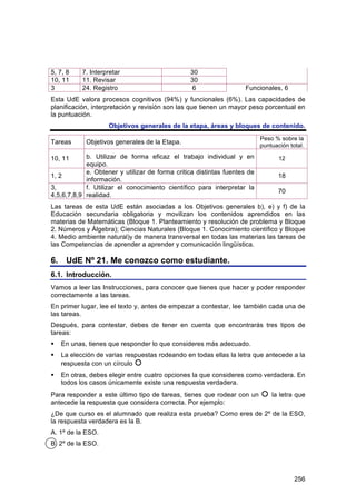 5, 7, 8    7. Interpretar                       30
10, 11     11. Revisar                          30
3          24. Registro                          6                 Funcionales, 6
Esta UdE valora procesos cognitivos (94%) y funcionales (6%). Las capacidades de
planificación, interpretación y revisión son las que tienen un mayor peso porcentual en
la puntuación.
                    Objetivos generales de la etapa, áreas y bloques de contenido.
                                                                          Peso % sobre la
Tareas      Objetivos generales de la Etapa.
                                                                          puntuación total.

10, 11      b. Utilizar de forma eficaz el trabajo individual y en               12
            equipo.
            e. Obtener y utilizar de forma critica distintas fuentes de
1, 2                                                                             18
            información.
3,          f. Utilizar el conocimiento científico para interpretar la
                                                                                 70
4,5,6,7,8,9 realidad.
Las tareas de esta UdE están asociadas a los Objetivos generales b), e) y f) de la
Educación secundaria obligatoria y movilizan los contenidos aprendidos en las
materias de Matemáticas (Bloque 1. Planteamiento y resolución de problema y Bloque
2. Números y Álgebra); Ciencias Naturales (Bloque 1. Conocimiento científico y Bloque
4. Medio ambiente natural)y de manera transversal en todas las materias las tareas de
las Competencias de aprender a aprender y comunicación lingüística.

6. UdE Nº 21. Me conozco como estudiante.
6.1. Introducción.
Vamos a leer las Instrucciones, para conocer que tienes que hacer y poder responder
correctamente a las tareas.
En primer lugar, lee el texto y, antes de empezar a contestar, lee también cada una de
las tareas.
Después, para contestar, debes de tener en cuenta que encontrarás tres tipos de
tareas:
   En unas, tienes que responder lo que consideres más adecuado.
   La elección de varias respuestas rodeando en todas ellas la letra que antecede a la
    respuesta con un círculo 
   En otras, debes elegir entre cuatro opciones la que consideres como verdadera. En
    todos los casos únicamente existe una respuesta verdadera.
Para responder a este último tipo de tareas, tienes que rodear con un        la letra que
antecede la respuesta que considera correcta. Por ejemplo:
¿De que curso es el alumnado que realiza esta prueba? Como eres de 2º de la ESO,
la respuesta verdadera es la B.
A. 1º de la ESO.
B. 2º de la ESO.




                                                                                       256
 