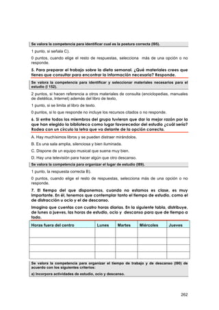 Se valora la competencia para identificar cual es la postura correcta (I95).

1 punto, si señala C).
0 puntos, cuando elige el resto de respuestas, selecciona más de una opción o no
responde.
5. Para preparar el trabajo sobre la dieta semanal. ¿Qué materiales crees que
tienes que consultar para encontrar la información necesaria? Responde.
Se valora la competencia para identificar y seleccionar materiales necesarios para el
estudio (I 152).

2 puntos, si hacen referencia a otros materiales de consulta (enciclopedias, manuales
de dietética, Internet) además del libro de texto,
1 punto, si se limita al libro de texto.
0 puntos, si lo que responde no incluye los recursos citados o no responde.
6. Si entre todos los miembros del grupo tuvieran que dar la mejor razón por la
que han elegido la biblioteca como lugar favorecedor del estudio ¿cuál sería?
Rodea con un círculo la letra que va delante de la opción correcta.
A. Hay muchísimos libros y se pueden distraer mirándolos.
B. Es una sala amplia, silenciosa y bien iluminada.
C. Dispone de un equipo musical que suena muy bien.
D. Hay una televisión para hacer algún que otro descanso.
Se valora la competencia para organizar el lugar de estudio (I89).

1 punto, la respuesta correcta B).
0 puntos, cuando elige el resto de respuestas, selecciona más de una opción o no
responde.
7. El tiempo del que disponemos, cuando no estamos es clase, es muy
importante. En él, tenemos que contemplar tanto el tiempo de estudio, como el
de distracción u ocio y el de descanso.
Imagina que cuentas con cuatro horas diarias. En la siguiente tabla, distribuye,
de lunes a jueves, las horas de estudio, ocio y descanso para que de tiempo a
todo.

Horas fuera del centro                     Lunes   Martes       Miércoles      Jueves




Se valora la competencia para organizar el tiempo de trabajo y de descanso (I90) de
acuerdo con los siguientes criterios:
a) Incorpora actividades de estudio, ocio y descanso.




                                                                                    262
 