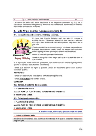 4          g.3. Tener iniciativa y emprender                                     12
Las tareas de esta UdE están asociadas a los Objetivos generales d) y g) de la
Educación secundaria obligatoria y movilizan los contenidos aprendidos de manera
transversal en todas las materias.

8. UdE Nº 24. Escribir (Lengua extranjera 1).
8.1. Instructions and scenario. Birthday surprise.
                       It's your best friend's birthday and you want to prepare a
                       surprise for him. You write a letter to all your friends to tell them
                       about your idea and to ask them what present they would like to
                       give him.
                       (Es el cumpleaños de tu mejor amigo y quieres prepararle una
                       sorpresa. Escribes una carta a todos tus amigos para contarles
                       tu idea y preguntarles qué regalo quieren hacerle ellos).
                       Tienes 30 minutos para escribir la carta.
                       Utiliza un bolígrafo azul o negro para que se pueda leer bien lo
                       que escribes.
Si te equivocas, no es necesario que borres, con tachar con una simple raya la palabra
que no es correcta es suficiente: (incorrecta)
Tienes que escribir en inglés y puedes utilizar el diccionario para hacer cuantas
consultas quieras.
RECUERDA:
Tienes que escribir una carta con su formato correspondiente.
Tienes 30 minutos para escribir el texto.
COMIENZA
8.2. Tareas. Cuaderno de respuesta.
1. PLANNING THE LETTER.
MAKE A PLAN OF YOUR WRITING BEFORE WRITING THE LETTER.
2. WRITING THE LETTER.

8.3. Criterios de corrección.
1. PLANNING THE LETTER.
MAKE A PLAN OF YOUR WRITING BEFORE WRITING THE LETTER.
2. WRITING THE LETTER.
                                A. Planificación, cohesión y presentación del texto.

1. Planificación del texto.
Se valora la competencia para planificar el contenido de lo que va a escribir elaborando
un guión (I48).




                                                                                       276
 
