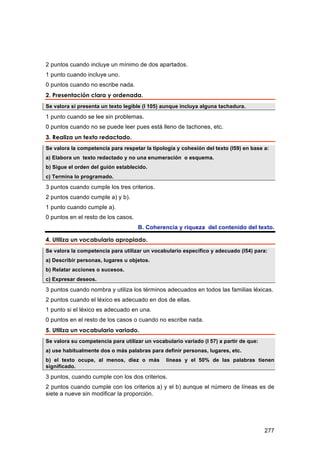 2 puntos cuando incluye un mínimo de dos apartados.
1 punto cuando incluye uno.
0 puntos cuando no escribe nada.
2. Presentación clara y ordenada.
Se valora si presenta un texto legible (I 105) aunque incluya alguna tachadura.
1 punto cuando se lee sin problemas.
0 puntos cuando no se puede leer pues está lleno de tachones, etc.
3. Realiza un texto redactado.
Se valora la competencia para respetar la tipología y cohesión del texto (I59) en base a:
a) Elabora un texto redactado y no una enumeración o esquema.
b) Sigue el orden del guión establecido.
c) Termina lo programado.

3 puntos cuando cumple los tres criterios.
2 puntos cuando cumple a) y b).
1 punto cuando cumple a).
0 puntos en el resto de los casos.
                                     B. Coherencia y riqueza del contenido del texto.

4. Utiliza un vocabulario apropiado.
Se valora la competencia para utilizar un vocabulario específico y adecuado (I54) para:
a) Describir personas, lugares u objetos.
b) Relatar acciones o sucesos.
c) Expresar deseos.
3 puntos cuando nombra y utiliza los términos adecuados en todos las familias léxicas.
2 puntos cuando el léxico es adecuado en dos de ellas.
1 punto si el léxico es adecuado en una.
0 puntos en el resto de los casos o cuando no escribe nada.
5. Utiliza un vocabulario variado.
Se valora su competencia para utilizar un vocabulario variado (I 57) a partir de que:
a) use habitualmente dos o más palabras para definir personas, lugares, etc.
b) el texto ocupe, al menos, diez o más         líneas y el 50% de las palabras tienen
significado.
3 puntos, cuando cumple con los dos criterios.
2 puntos cuando cumple con los criterios a) y el b) aunque el número de líneas es de
siete a nueve sin modificar la proporción.




                                                                                        277
 