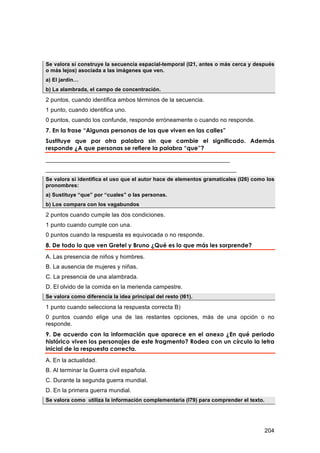 Se valora si construye la secuencia espacial-temporal (I21, antes o más cerca y después
o más lejos) asociada a las imágenes que ven.
a) El jardín…
b) La alambrada, el campo de concentración.

2 puntos, cuando identifica ambos términos de la secuencia.
1 punto, cuando identifica uno.
0 puntos, cuando los confunde, responde erróneamente o cuando no responde.
7. En la frase “Algunas personas de las que viven en las calles”
Sustituye que por otra palabra sin que cambie el significado. Además
responde ¿A que personas se refiere la palabra “que”?
________________________________________________________
__________________________________________________________
Se valora si identifica el uso que el autor hace de elementos gramaticales (I26) como los
pronombres:
a) Sustituye “que” por “cuales” o las personas.
b) Los compara con los vagabundos

2 puntos cuando cumple las dos condiciones.
1 punto cuando cumple con una.
0 puntos cuando la respuesta es equivocada o no responde.
8. De todo lo que ven Gretel y Bruno ¿Qué es lo que más les sorprende?
A. Las presencia de niños y hombres.
B. La ausencia de mujeres y niñas.
C. La presencia de una alambrada.
D. El olvido de la comida en la merienda campestre.
Se valora como diferencia la idea principal del resto (I61).

1 punto cuando selecciona la respuesta correcta B)
0 puntos cuando elige una de las restantes opciones, más de una opción o no
responde.
9. De acuerdo con la información que aparece en el anexo ¿En qué periodo
histórico viven los personajes de este fragmento? Rodea con un círculo la letra
inicial de la respuesta correcta.
A. En la actualidad.
B. Al terminar la Guerra civil española.
C. Durante la segunda guerra mundial.
D. En la primera guerra mundial.
Se valora como utiliza la información complementaria (I79) para comprender el texto.




                                                                                       204
 