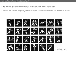avenços clau en disseny visual, senyalització



 Otto Aicher, pictogrames dels jocs olímpics de Munich de 1972

 Després del 72 tots els pictogrames olímpics han estat variacions del model de Aicher.




                                                                     Munich 1972
 