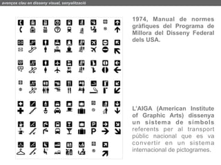 avenços clau en disseny visual, senyalització



                                                1974, Manual de normes
                                                gràfiques del Programa de
                                                Millora del Disseny Federal
                                                dels USA.




                                                L’AIGA (American Institute
                                                of Graphic Arts) dissenya
                                                un sistema de símbols
                                                referents per al transport
                                                públic nacional que es va
                                                convertir en un sistema
                                                internacional de pictogrames.
 