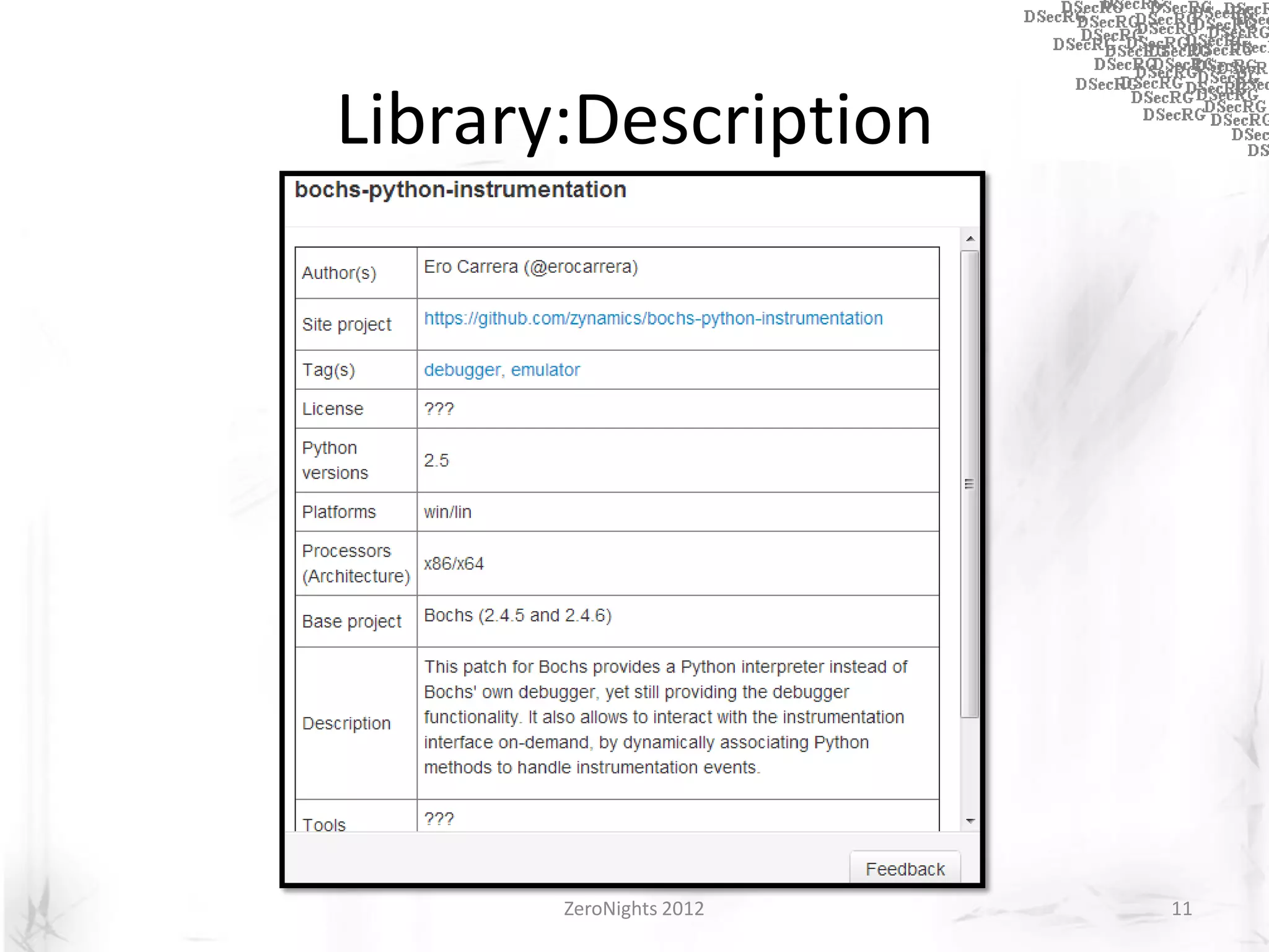 Library:Description




       ZeroNights 2012   11
 
