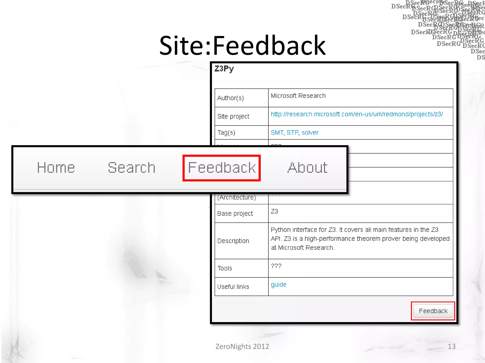Site:Feedback




    ZeroNights 2012   13
 