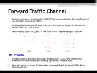 Forward Traffic Channel
•   Berdasarkan request yang dikirimkan DRC, FTC mentransmisikan laju data yang bervariasi
    dari 38,4 kbps sampai 2,4576 Mbps.

•   Panjang paket data bervariasi: 1024, 2048, 3072 atau 4096 bit, dengan durasi 1.66.. ms
    sampai 26.66.. ms ( 1 sd 16 slot).

•   Modulasi yang digunakan (QPSK, 8- PSK or 16- QPSK ) tergantung kepada laju data.




                      QPSK                  8-PSK                 16-QAM


TCH_Preamble
    Deretan preamble dikirimkan bersamaan dengan paket FTC dan kanal kontrol untuk
    membantu AT dalam hal sinkronisasi setiap laju tranmisi yang bervariasi.

    Preamble terdiri dari simbol ‘0’ dipancarkan hanya pada I-path dan bersifat TDM dalam
    aliran kanal trafik.
                                                                                             11
 